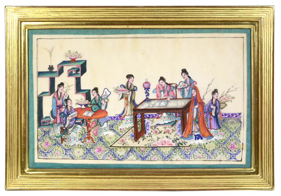 Interior scene of noblewomen and ladies engaging in genteel activities