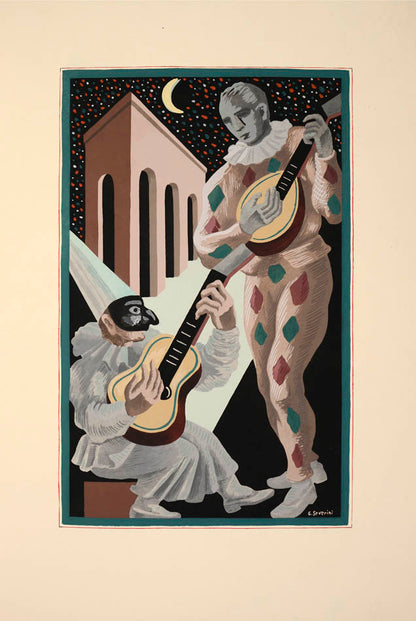 Fleurs et Masques by Gino Severini is a superb depiction of Cubist still lives, harlequin musicians and the masks and theatrics of the Commedia dell'Arte.