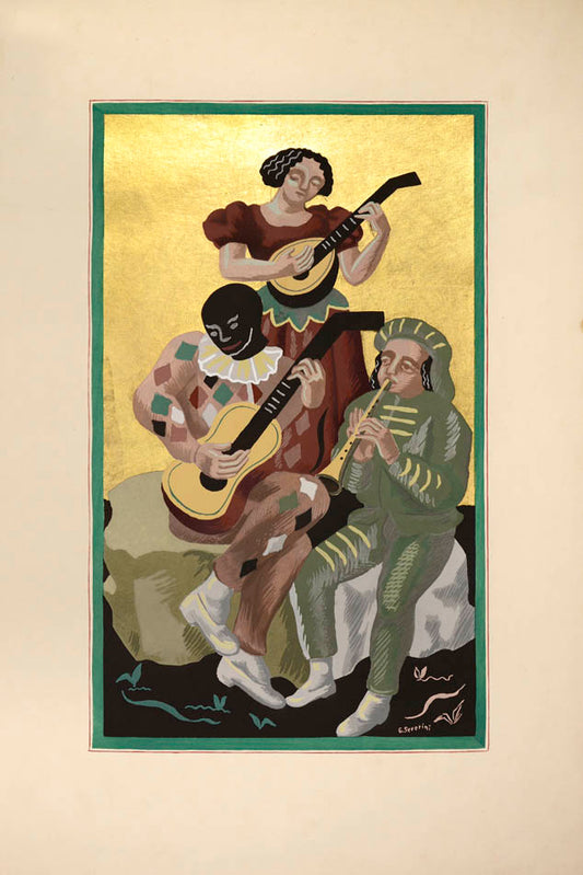 Fleurs et Masques by Gino Severini is a superb depiction of Cubist still lives, harlequin musicians and the masks and theatrics of the Commedia dell'Arte.