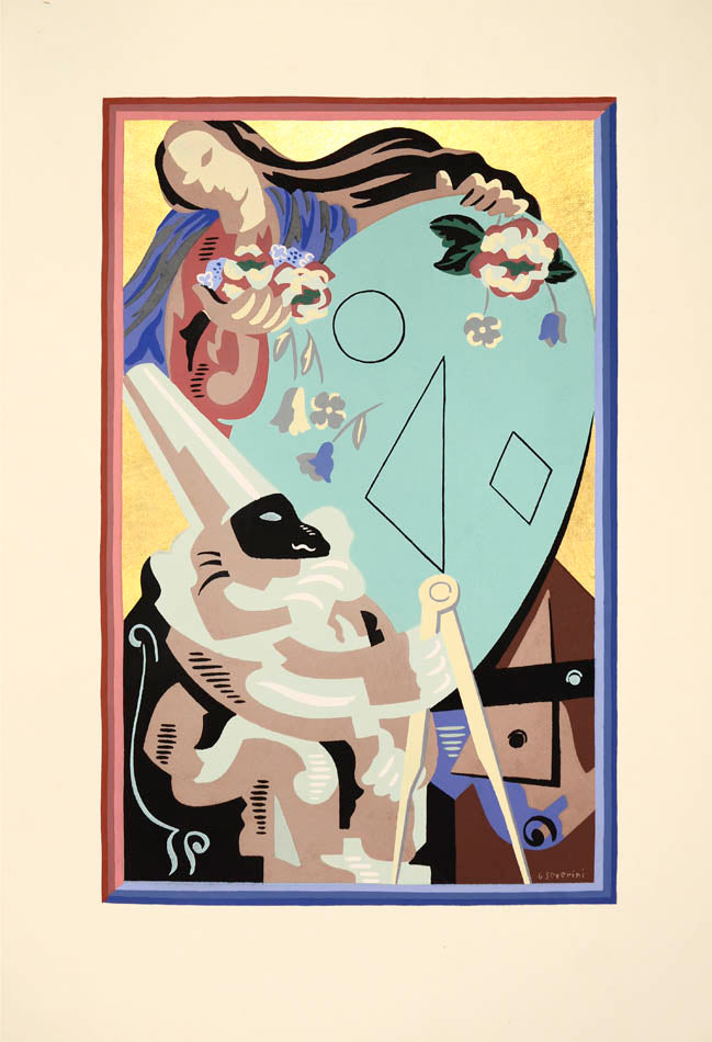 Fleurs et Masques by Gino Severini is a superb depiction of Cubist still lives, harlequin musicians and the masks and theatrics of the Commedia dell'Arte.