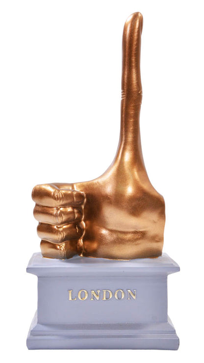 A mini replica statuette, based on the statue by David Shrigley that was on a plinth in Trafalgar Square in 2016.