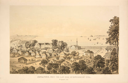 The decorative plates include views and people of Batavia, Penang and Singapore.