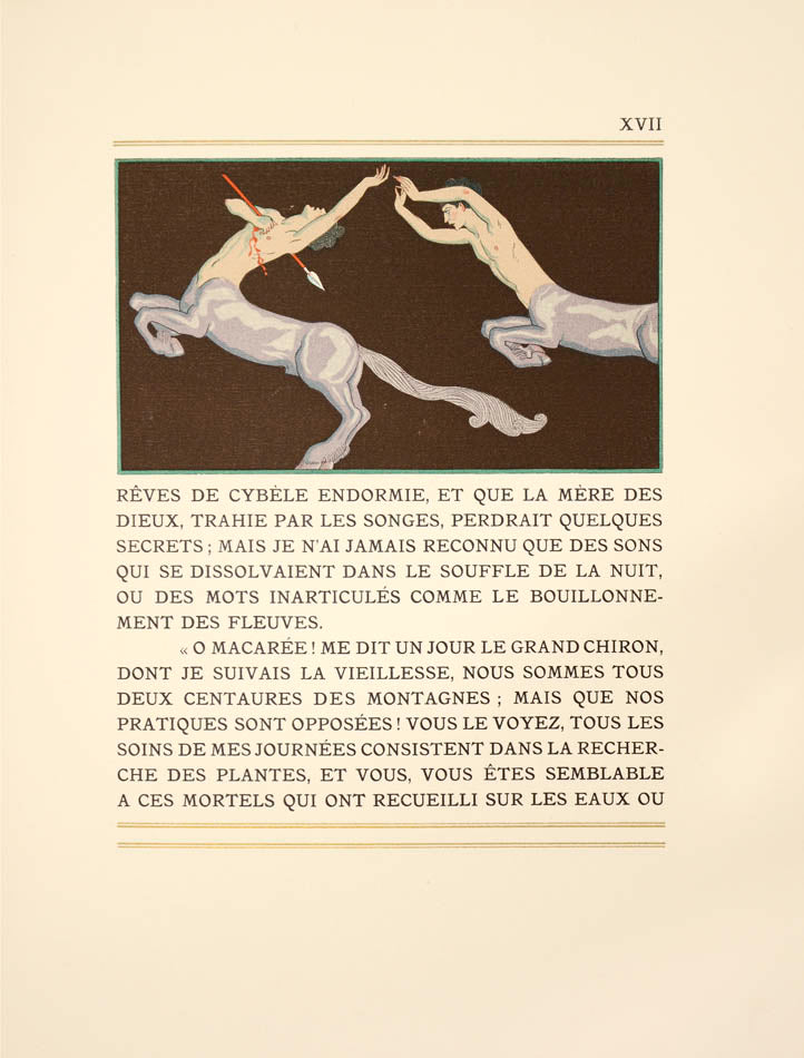 The present work is illustrated by George Barbier who provides beautiful illustrations of the mythological Centaur and the Bacchante, a follower of Bacchus