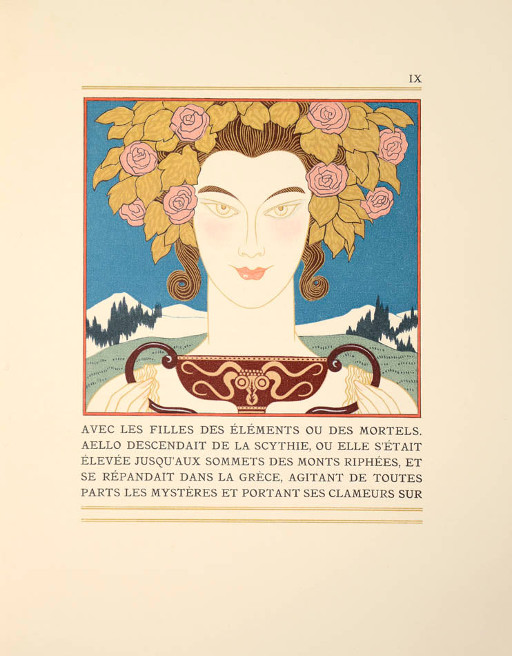 The present work is illustrated by George Barbier who provides beautiful illustrations of the mythological Centaur and the Bacchante, a follower of Bacchus