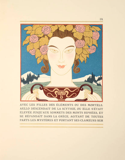 The present work is illustrated by George Barbier who provides beautiful illustrations of the mythological Centaur and the Bacchante, a follower of Bacchus
