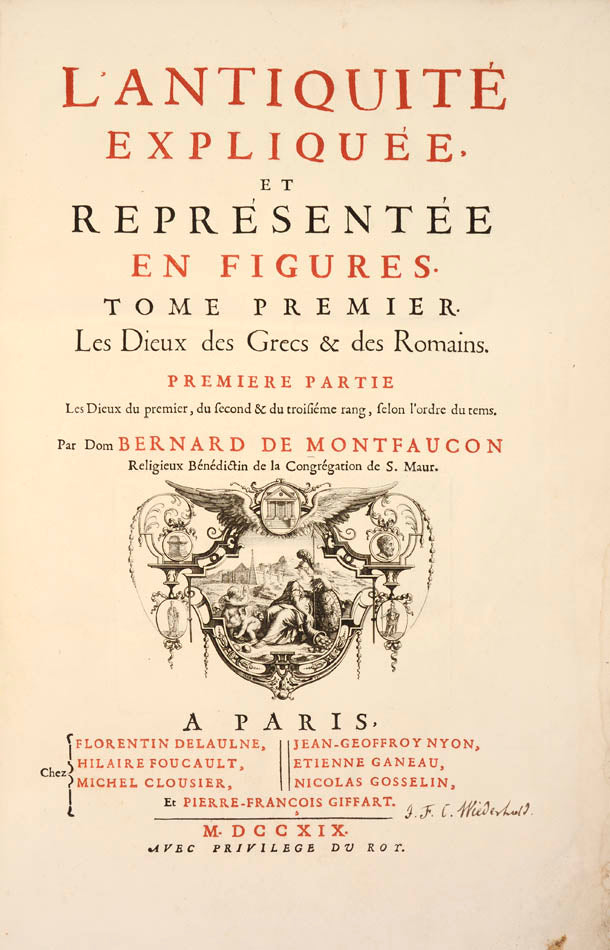 Magisterial work by the Benedictine monk Bernard de Montfaucon (1655–1741), one of the founders of modern archaeology. 15 vols, 1380 engraved plates, calf.