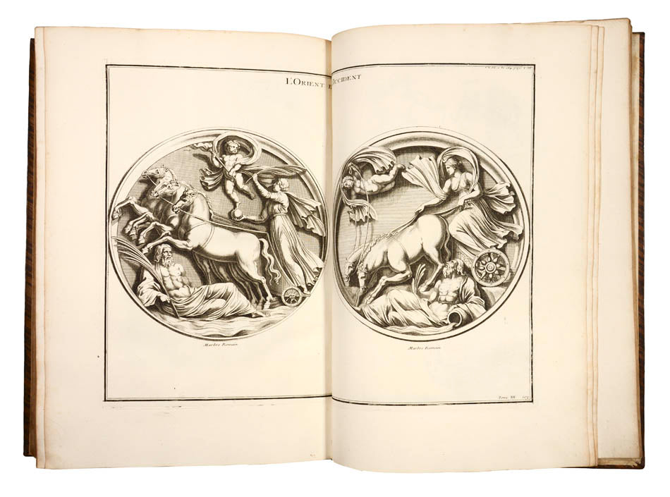Magisterial work by the Benedictine monk Bernard de Montfaucon (1655–1741), one of the founders of modern archaeology. 15 vols, 1380 engraved plates, calf.