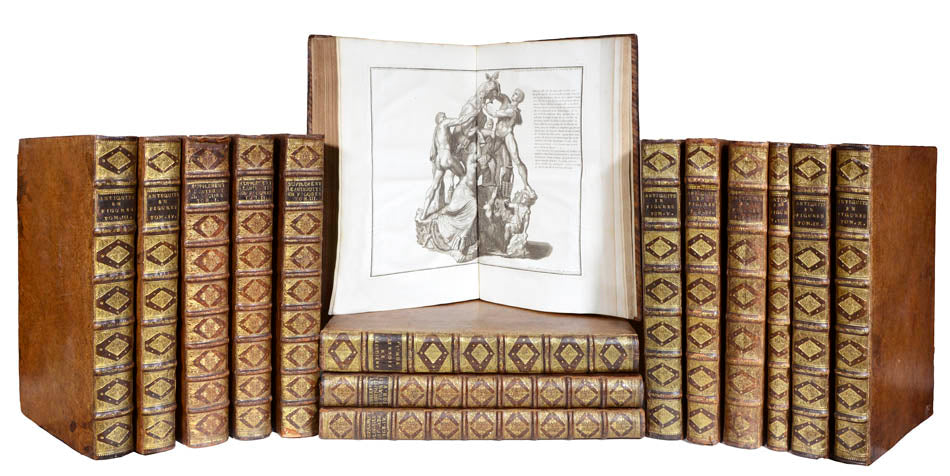 Magisterial work by the Benedictine monk Bernard de Montfaucon (1655–1741), one of the founders of modern archaeology. 15 vols, 1380 engraved plates, calf.