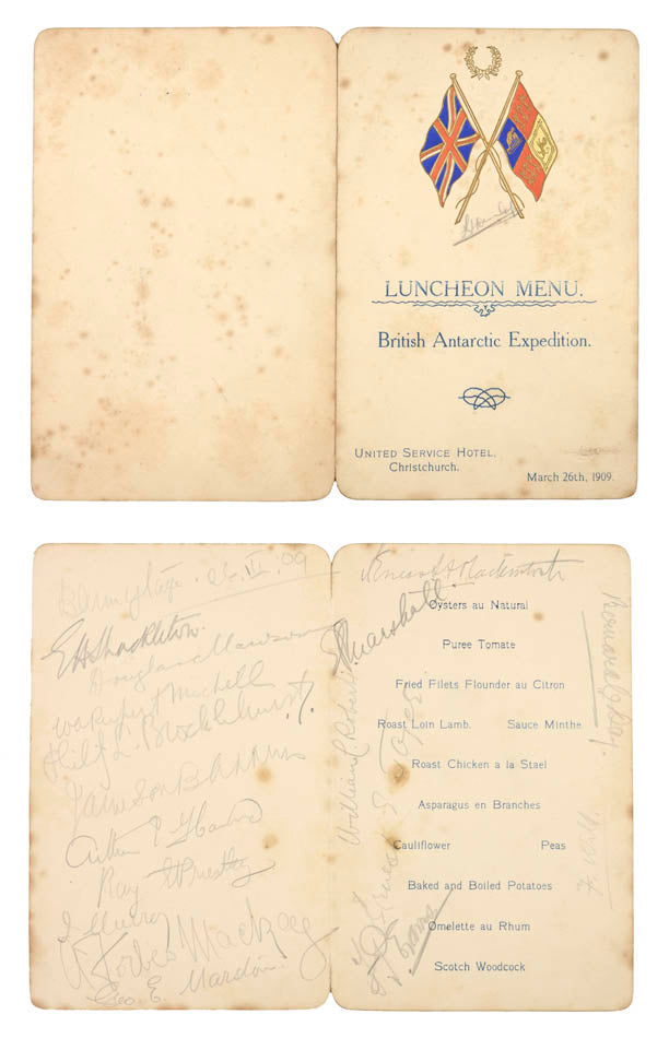 a collection of signed printed ephemera from Shackleton's first Antarctic expedition, with the provenance of the Ship's chief engineer.