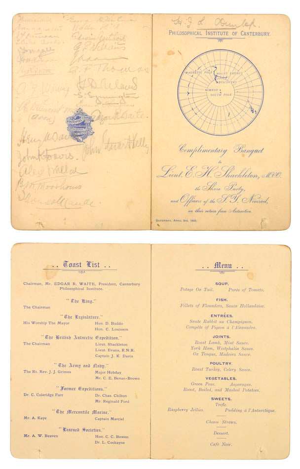 a collection of signed printed ephemera from Shackleton's first Antarctic expedition, with the provenance of the Ship's chief engineer.