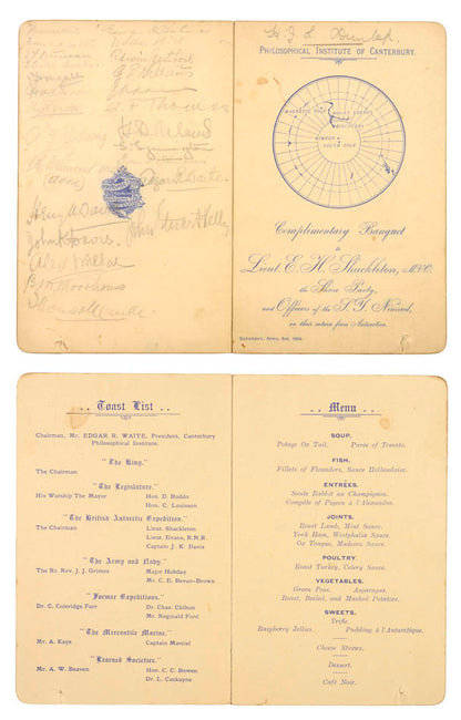 a collection of signed printed ephemera from Shackleton's first Antarctic expedition, with the provenance of the Ship's chief engineer.