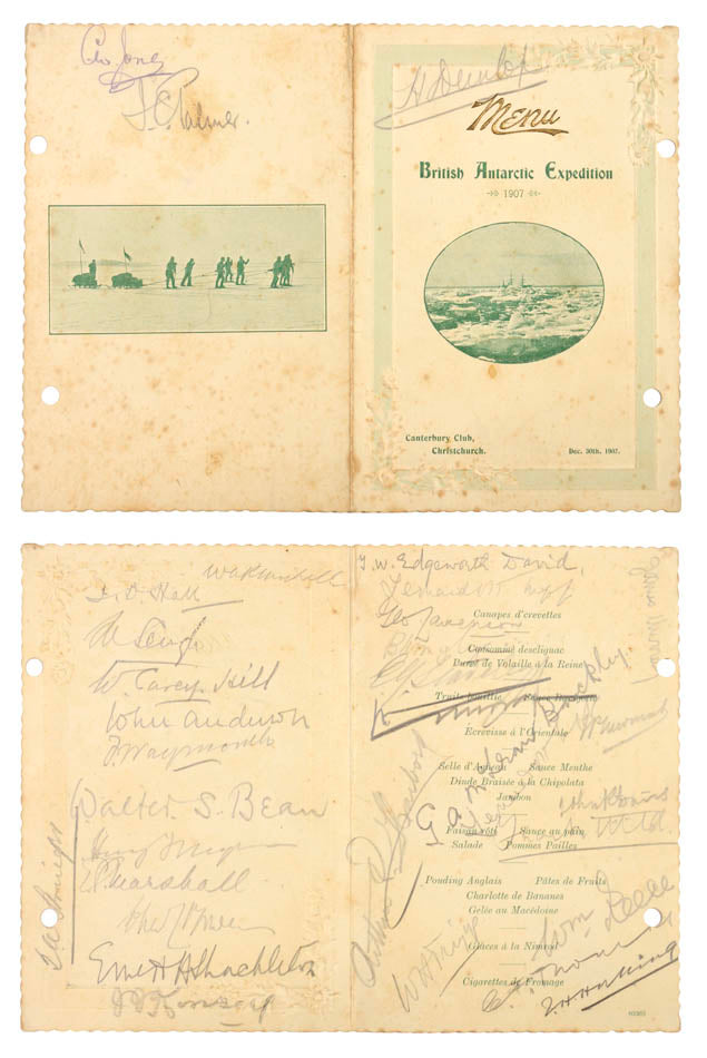 a collection of signed printed ephemera from Shackleton's first Antarctic expedition, with the provenance of the Ship's chief engineer.