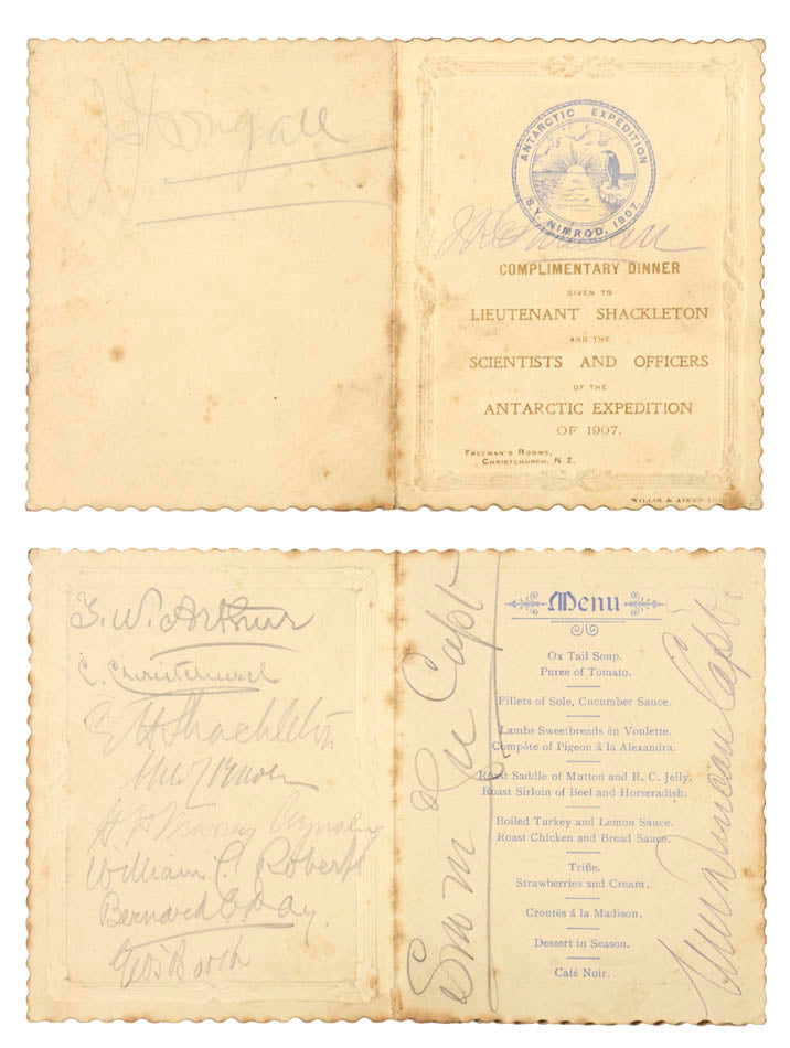 a collection of signed printed ephemera from Shackleton's first Antarctic expedition, with the provenance of the Ship's chief engineer.