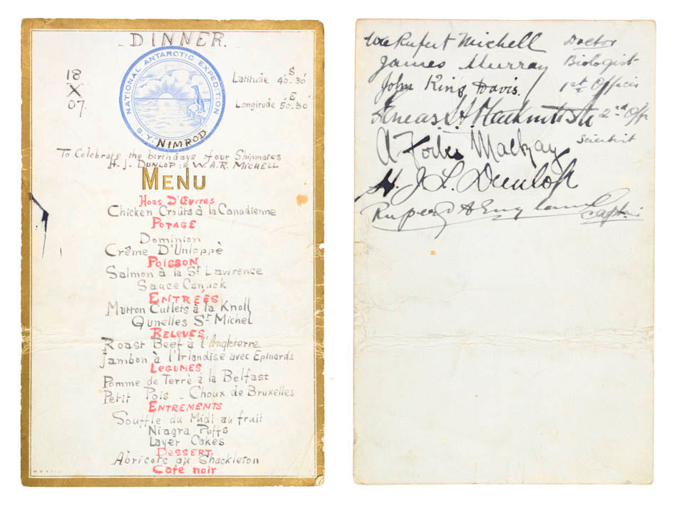 a collection of signed printed ephemera from Shackleton's first Antarctic expedition, with the provenance of the Ship's chief engineer.