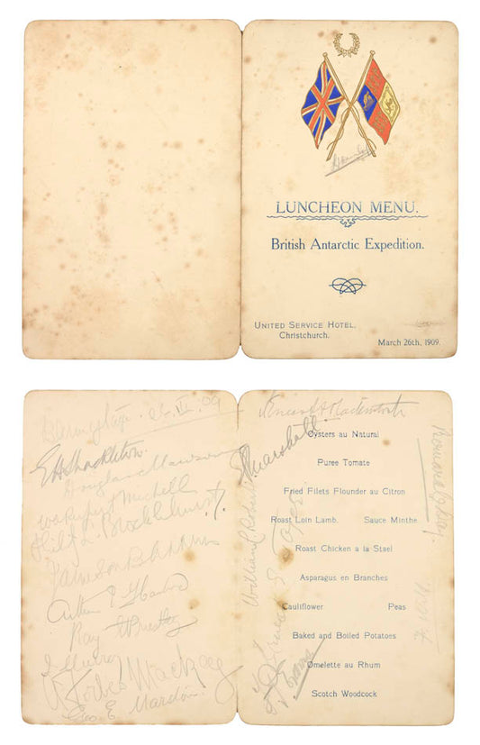 a collection of signed printed ephemera from Shackleton's first Antarctic expedition, with the provenance of the Ship's chief engineer.