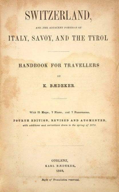 Switzerland was the longest series published by Baedeker in English with 28 editions (1863-1938).