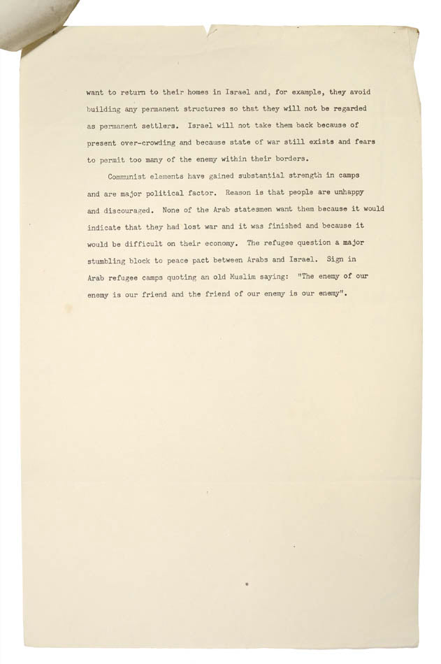 Typescript report on John F. Kennedy's 1951 Congressional trip to Israel, with JFK's autograph annotation to upper margin.