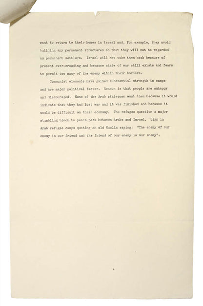 Typescript report on John F. Kennedy's 1951 Congressional trip to Israel, with JFK's autograph annotation to upper margin.