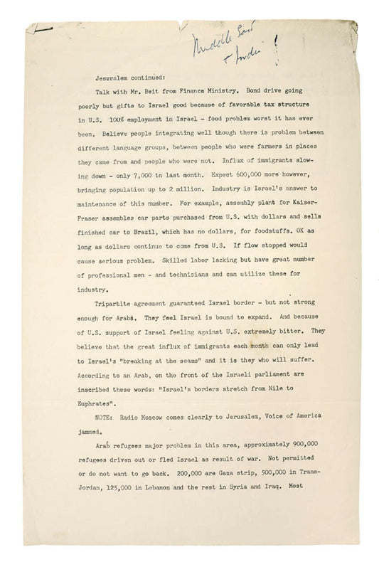 Typescript report on John F. Kennedy's 1951 Congressional trip to Israel, with JFK's autograph annotation to upper margin.