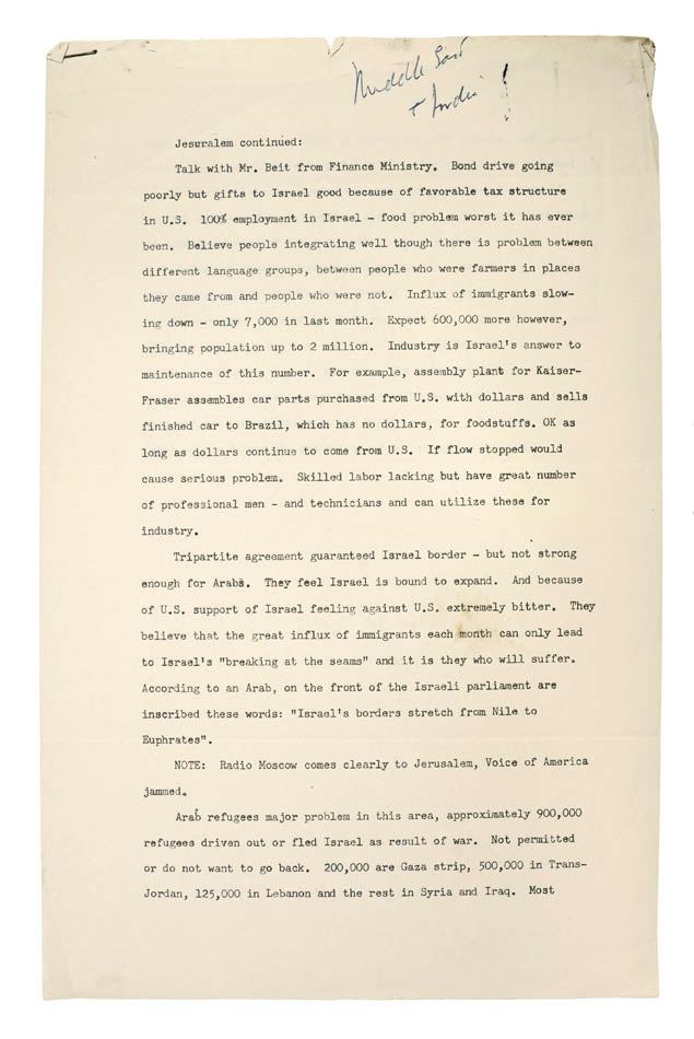 Typescript report on John F. Kennedy's 1951 Congressional trip to Israel, with JFK's autograph annotation to upper margin.