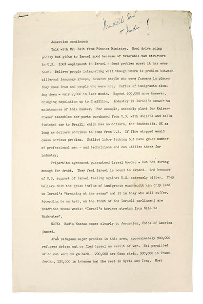 Typescript report on John F. Kennedy's 1951 Congressional trip to Israel, with JFK's autograph annotation to upper margin.