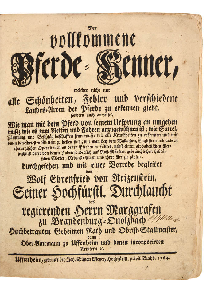 A German horse manual with a Jewish-Jargon dictionary supplement. 'Rare first edition of this original and curious work on horsemanship'.