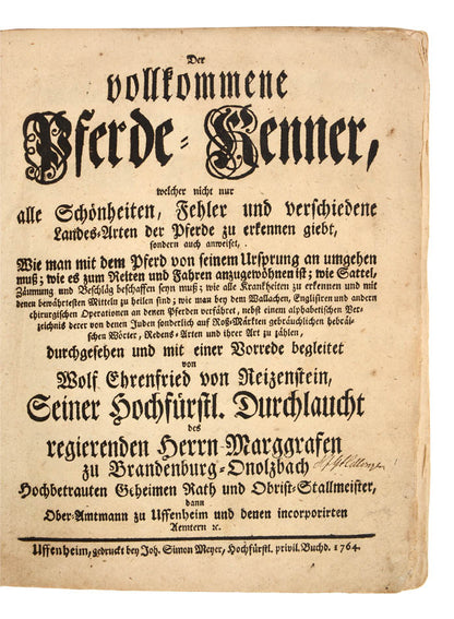 A German horse manual with a Jewish-Jargon dictionary supplement. 'Rare first edition of this original and curious work on horsemanship'.