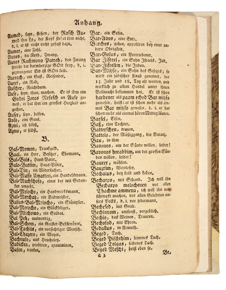 A German horse manual with a Jewish-Jargon dictionary supplement. 'Rare first edition of this original and curious work on horsemanship'.