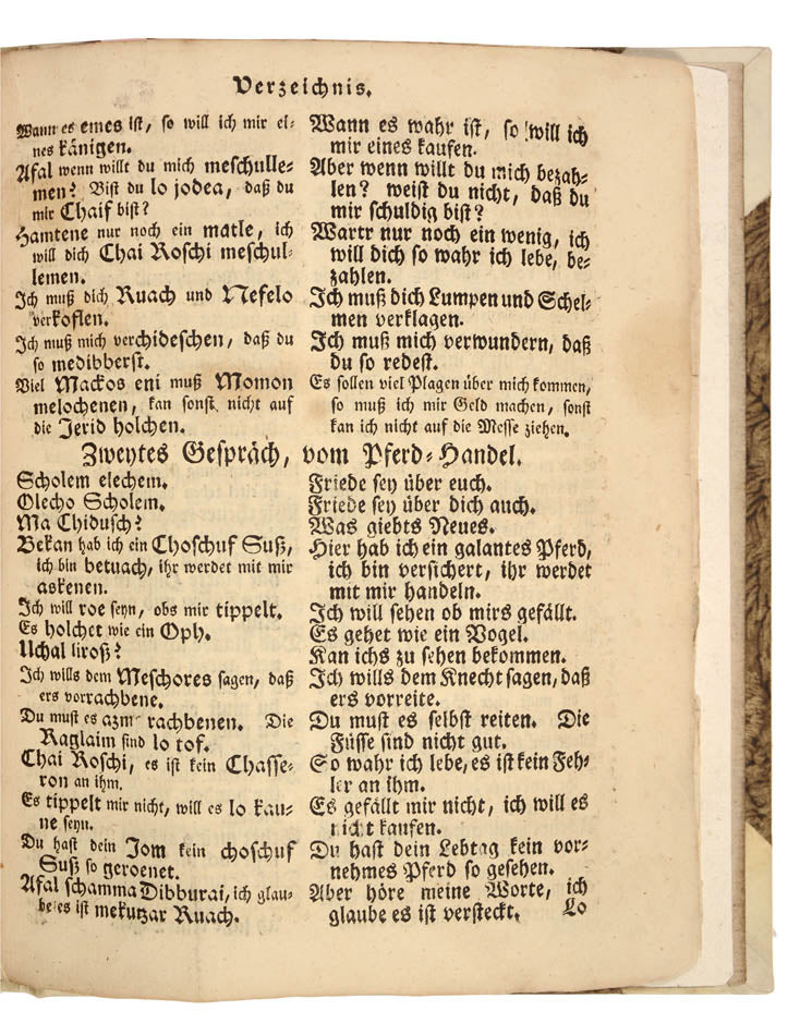 A German horse manual with a Jewish-Jargon dictionary supplement. 'Rare first edition of this original and curious work on horsemanship'.