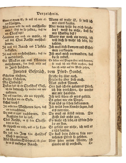 A German horse manual with a Jewish-Jargon dictionary supplement. 'Rare first edition of this original and curious work on horsemanship'.