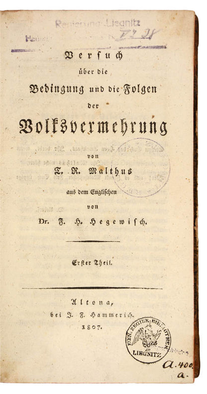 Rare first German edition and first translation into a foreign language of this important work by the father of Malthusianism.
