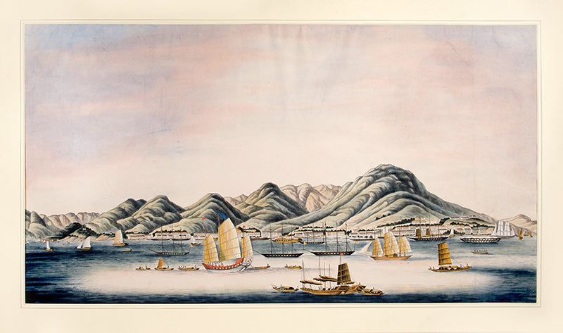 A rare large-scale watercolour view of Hong Kong Island painted in the first ten years of colonial rule. The absence of St John's Cathedral amongst the urban waterline dates this painting before 1849.