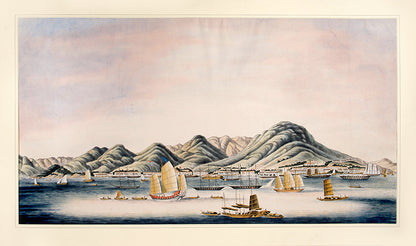A rare large-scale watercolour view of Hong Kong Island painted in the first ten years of colonial rule. The absence of St John's Cathedral amongst the urban waterline dates this painting before 1849.