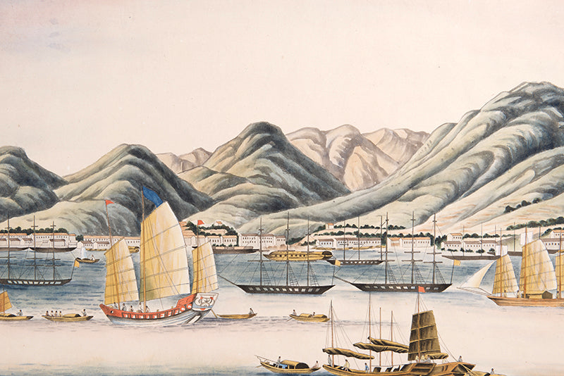 A rare large-scale watercolour view of Hong Kong Island painted in the first ten years of colonial rule. The absence of St John's Cathedral amongst the urban waterline dates this painting before 1849.