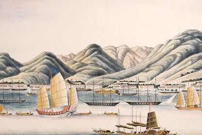 A rare large-scale watercolour view of Hong Kong Island painted in the first ten years of colonial rule. The absence of St John's Cathedral amongst the urban waterline dates this painting before 1849.