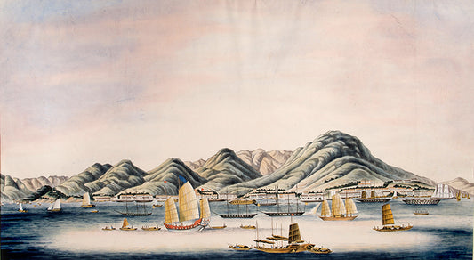 A rare large-scale watercolour view of Hong Kong Island painted in the first ten years of colonial rule. The absence of St John's Cathedral amongst the urban waterline dates this painting before 1849.