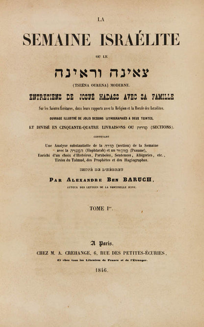Créhange's adaptation of Tze'enah u-Re'enah into French by rendering the work as conversations of Joshua Hadass with his family on the holy scriptures.