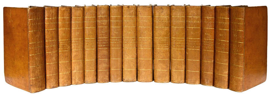A very good, pleasing set of the Plays of William Shakespeare in 15 vols, extra-illustrated with about 145 engraved plates, straight-grain morocco.