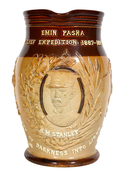 Fine ceramic jug commemorates the Emin Pasha Relief Expedition 1887-89 and Stanley along with his officers. The sides include a relief portrait of Stanley