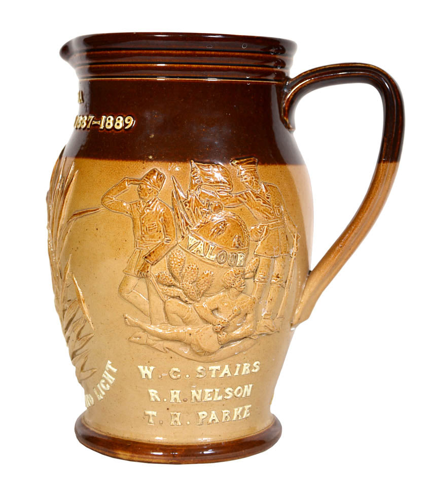 Fine ceramic jug commemorates the Emin Pasha Relief Expedition 1887-89 and Stanley along with his officers. The sides include a relief portrait of Stanley