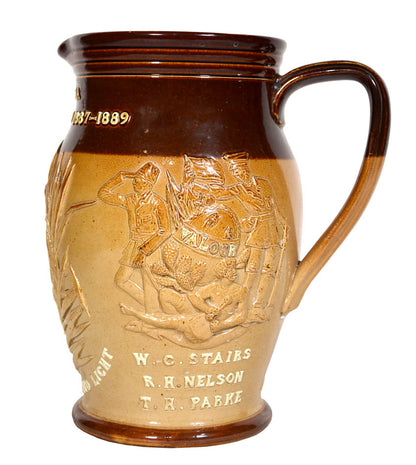 Fine ceramic jug commemorates the Emin Pasha Relief Expedition 1887-89 and Stanley along with his officers. The sides include a relief portrait of Stanley