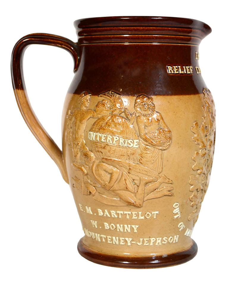 Fine ceramic jug commemorates the Emin Pasha Relief Expedition 1887-89 and Stanley along with his officers. The sides include a relief portrait of Stanley