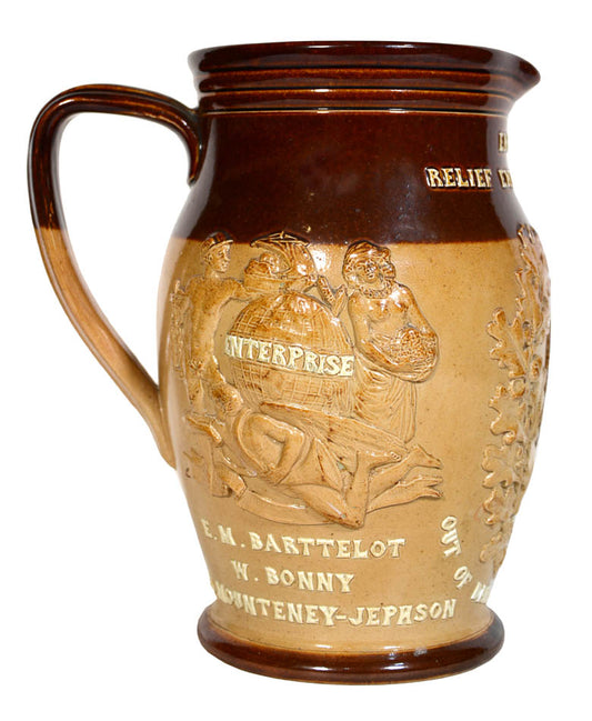 Fine ceramic jug commemorates the Emin Pasha Relief Expedition 1887-89 and Stanley along with his officers. The sides include a relief portrait of Stanley