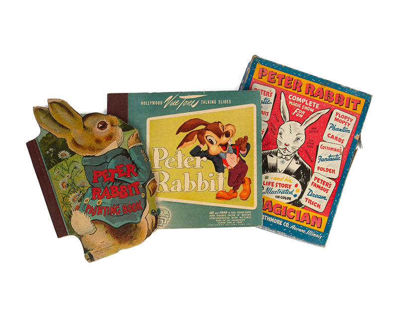Four pirate editions of Beatrix Potter's story of Peter Rabbit, including a painting book and Hollywood Vue Tone Talking Slides and a foldaway eidition, 1925 - 1942