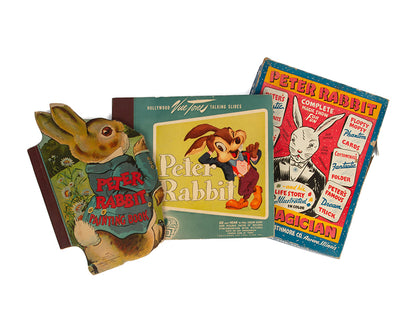 Four pirate editions of Beatrix Potter's story of Peter Rabbit, including a painting book and Hollywood Vue Tone Talking Slides and a foldaway eidition, 1925 - 1942