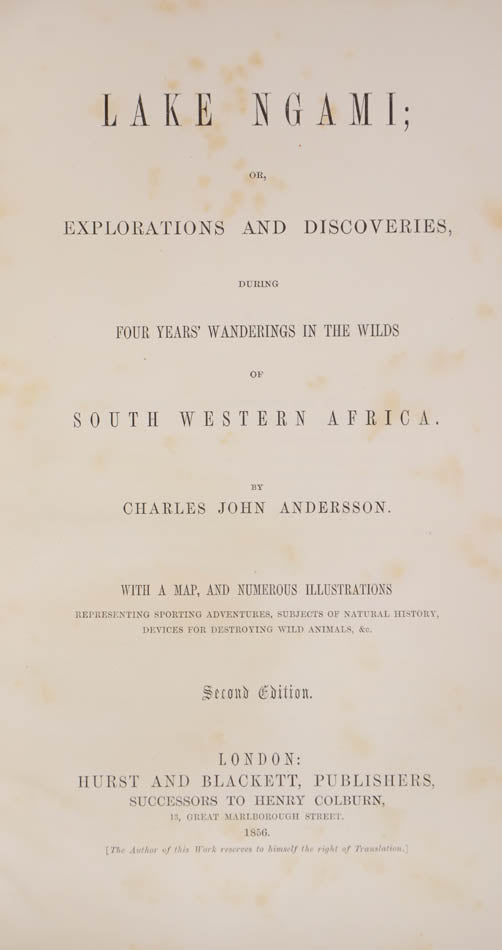 The narrative describes two expeditions, one  accompanied by Francis Galton in the Ovampo country, and the other when he travelled by himself to Lake Ngami