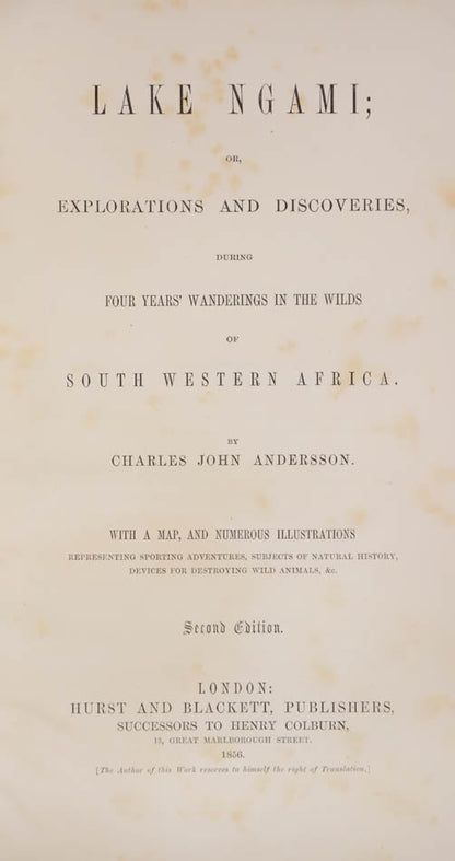 The narrative describes two expeditions, one  accompanied by Francis Galton in the Ovampo country, and the other when he travelled by himself to Lake Ngami