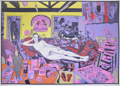 Grayson Perry's self portrait of the artist in his studio.  Reclining Artist is both an idealized fantasy and also the messy reality.