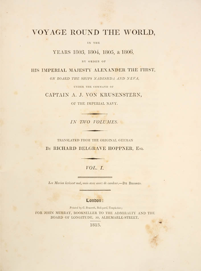 The first English edition of the first Russian circumnavigation, providing detailed information on Japan, the Northwest coast of America and Hawai'i.