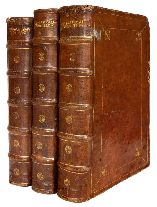 A handsome set in a contemporary Venetian binding.  One of the earliest and most important collections of Voyages and Travels of the 16th century (Church).